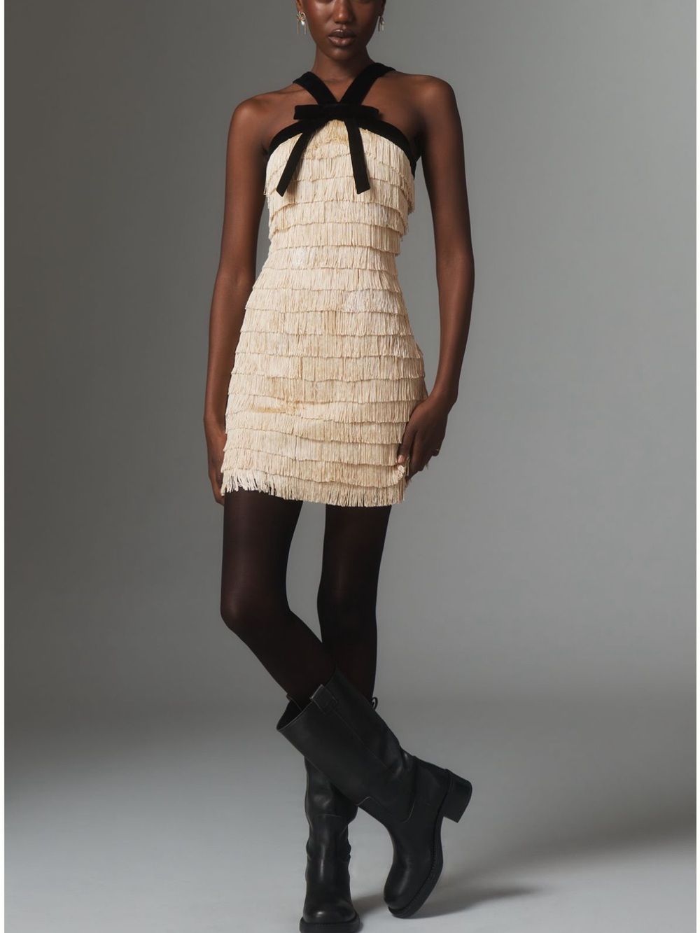 Maude Anthropologie autumn Fringe Halter Mini Dress with Black Bow